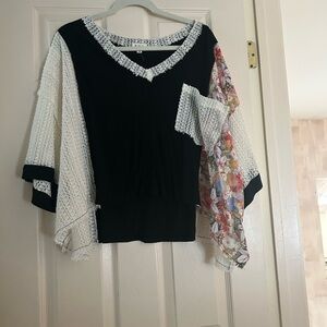 POL Women's Boho Black Top with White Crochet and Floral Panel